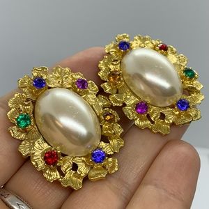 VINTAGE STATEMENT EARRINGS COLORED RHINESTONES FAUX PEARL CABOCHON CLIP LARGE